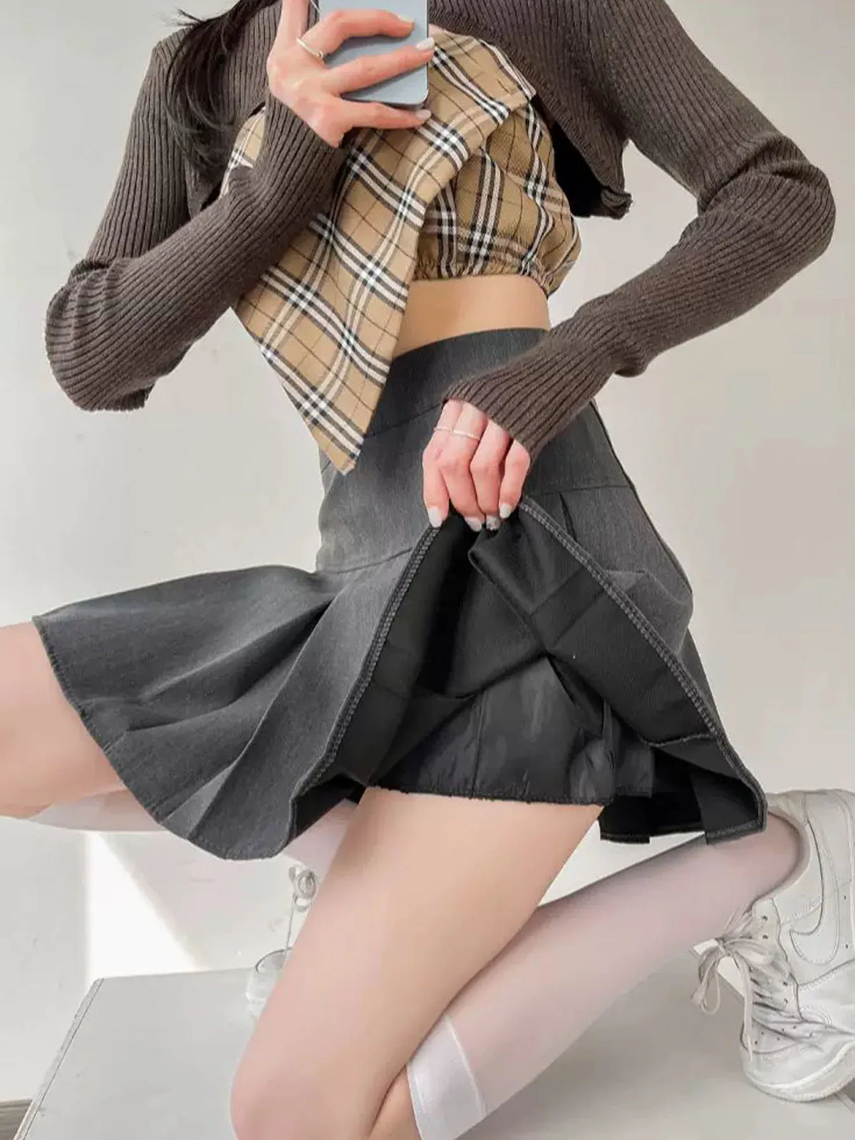 Zip-Detail Pleated Mini Skirt