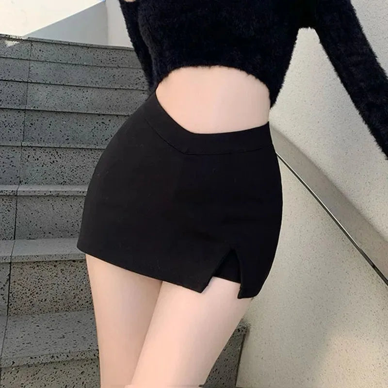Black mini skirt showing the asymmetric waistband and front split