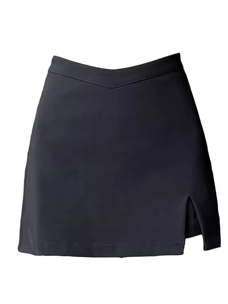 Black asymmetric split mini skirt against a white background