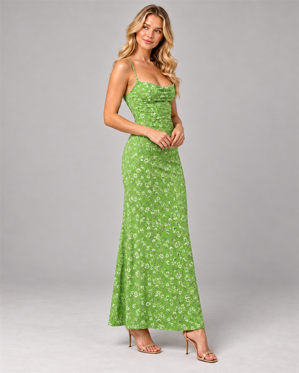 Blonde model wearing the green Floral Open-Back Maxi Dress with beige heels, gentle closed-lip smile