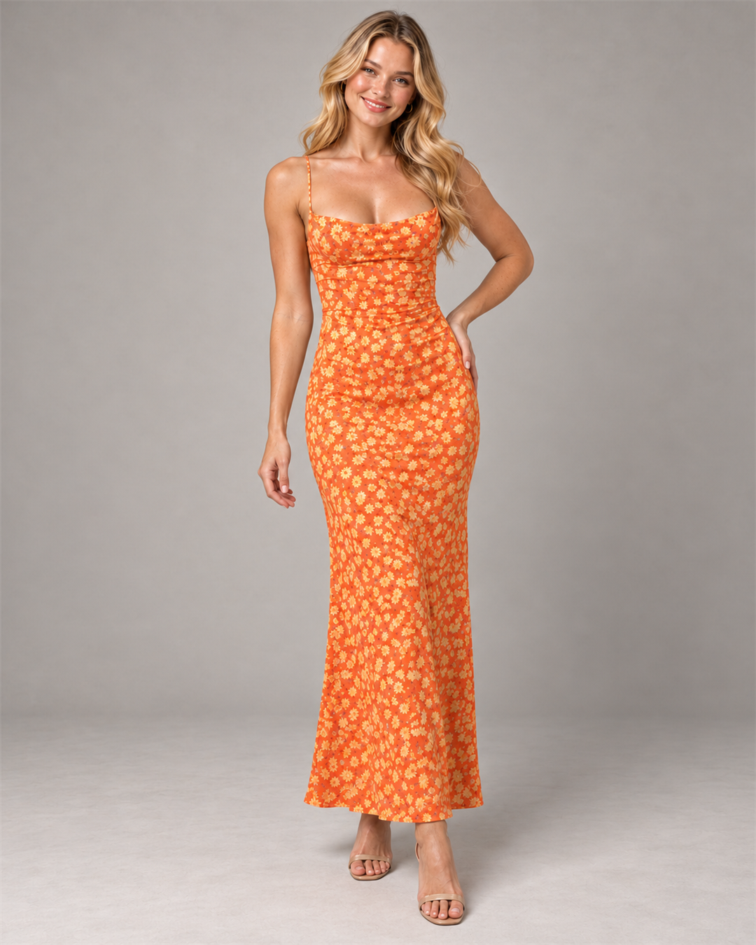 Blonde model wearing the orange Floral Open-Back Maxi Dress with beige heels, natural open smile