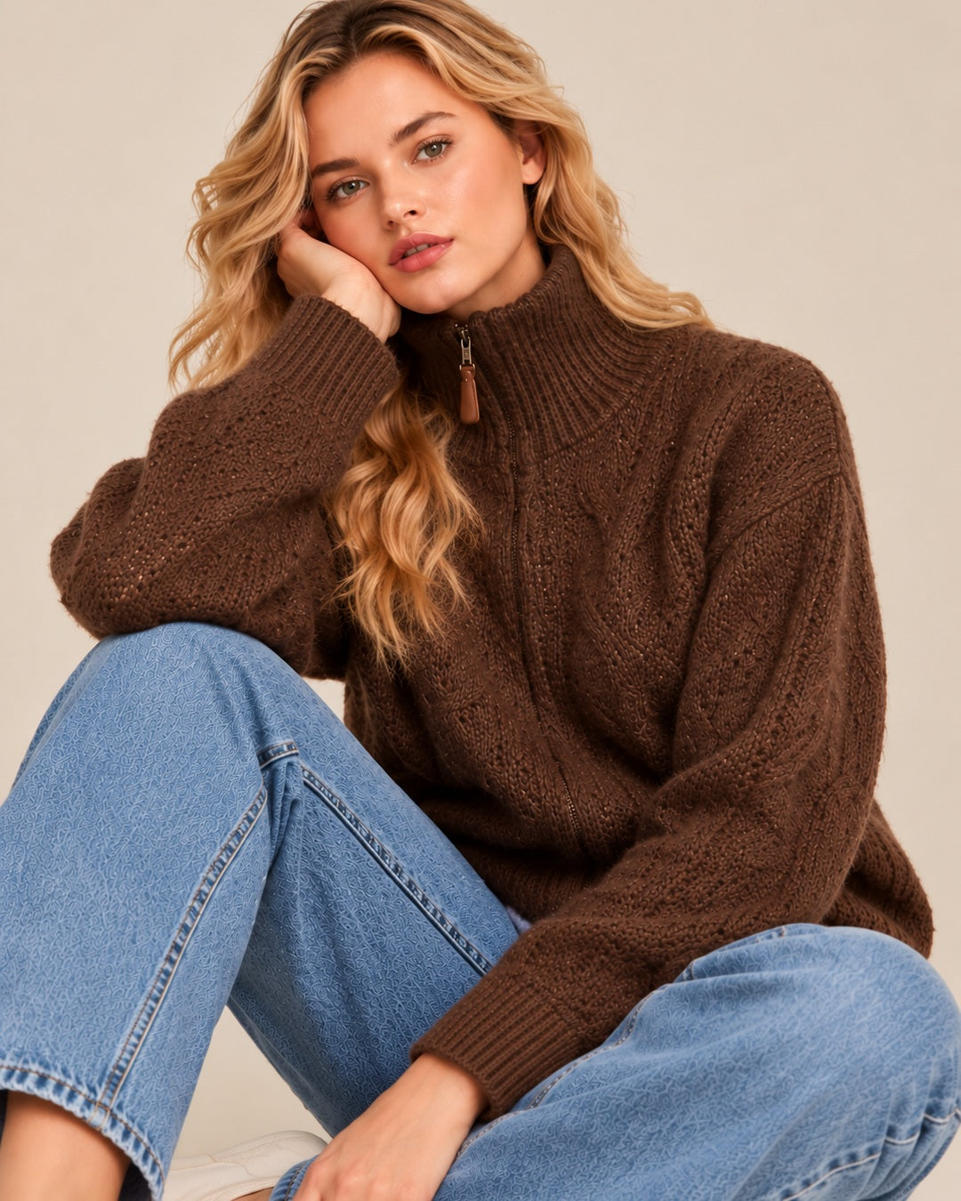 High-Collar Zip Cardigan coffee — studio photo 1080 x 1350