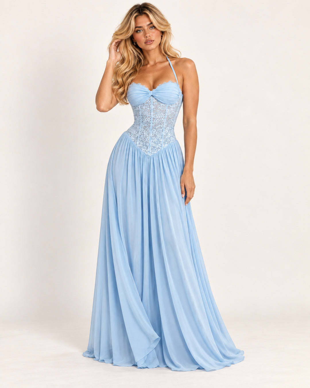 Marlowe Pleated Halter Maxi Dress — Blue — studio photograph