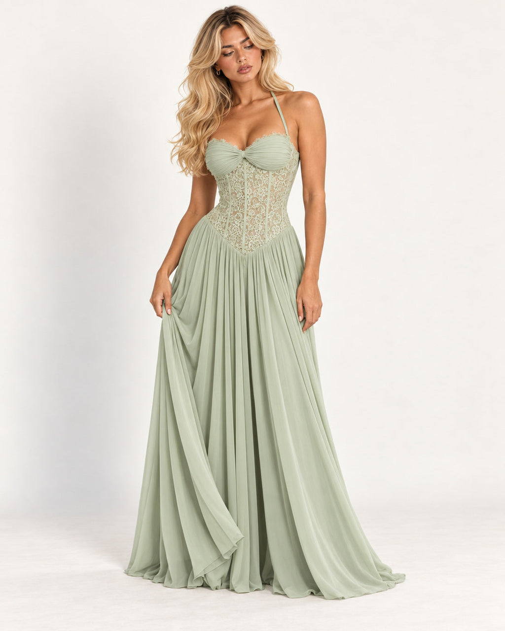 Marlowe Pleated Halter Maxi Dress — Green — studio photograph