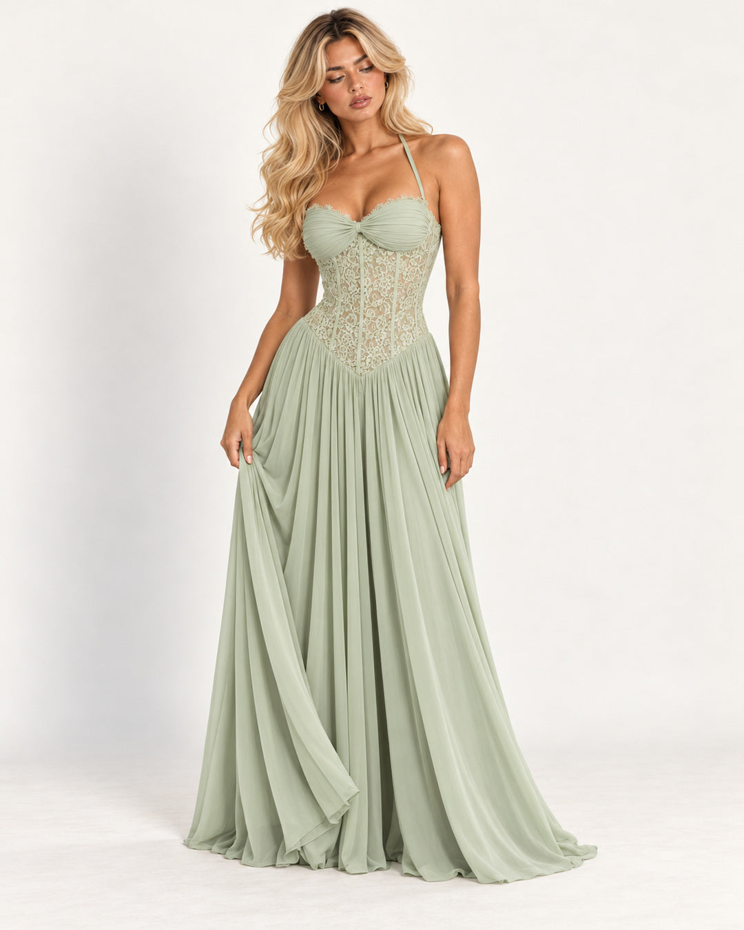 Marlowe Pleated Halter Maxi Dress — Green — studio photograph