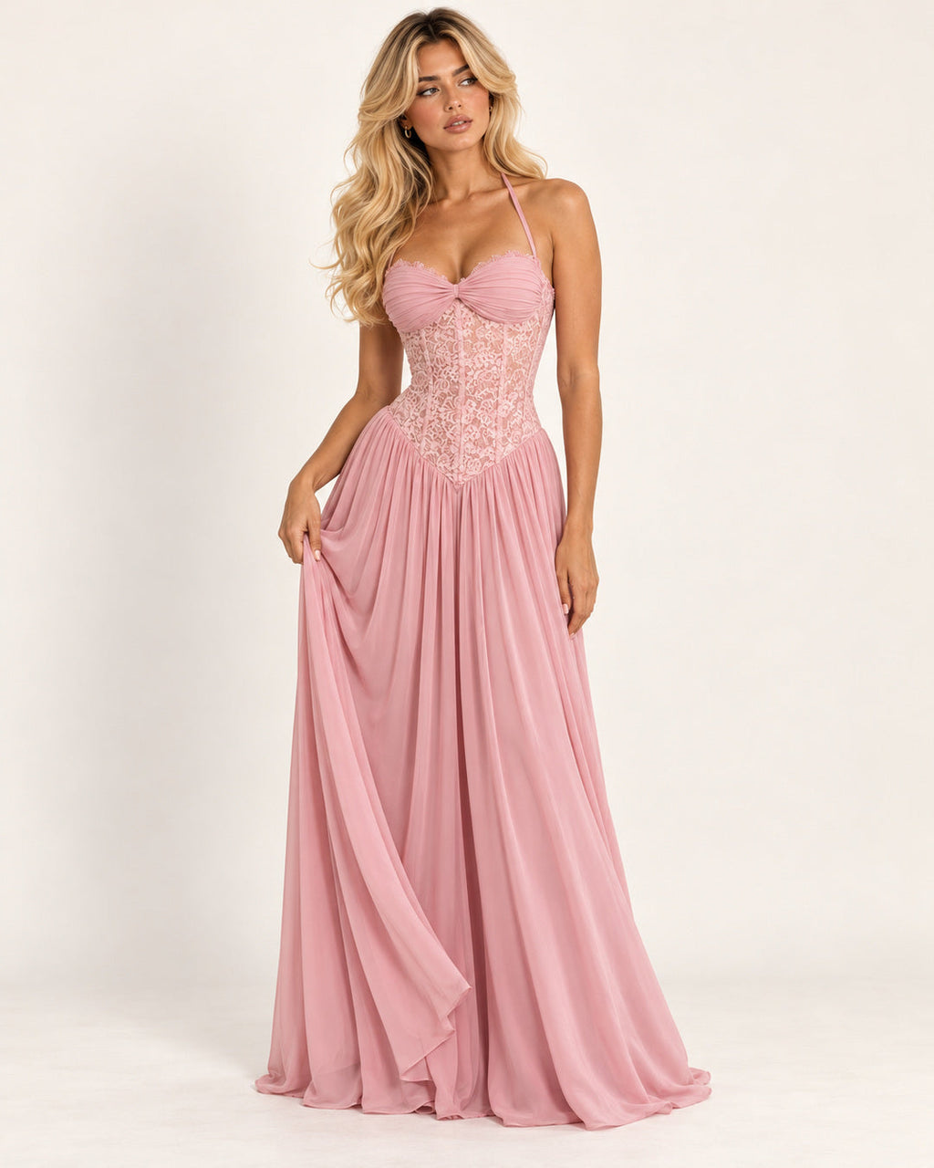 Marlowe Pleated Halter Maxi Dress — Pink — studio photograph