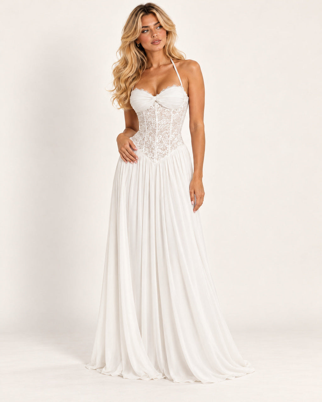 Marlowe Pleated Halter Maxi Dress — White — studio photograph