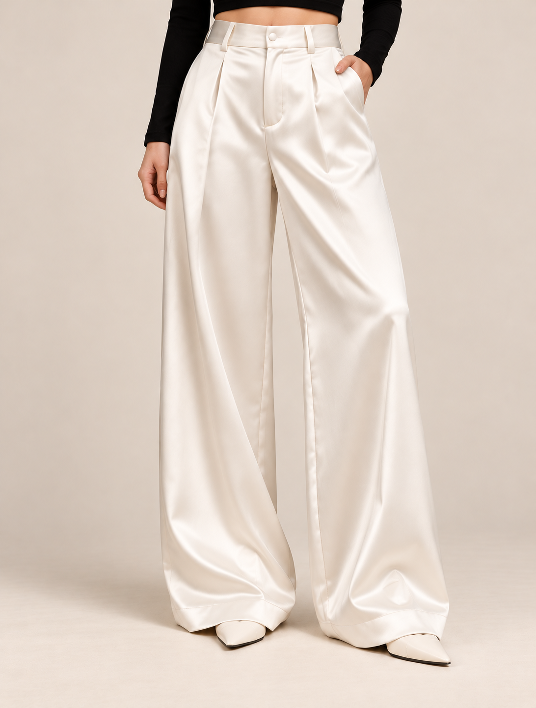 Ivory satin wide-leg trousers front view waist to feet